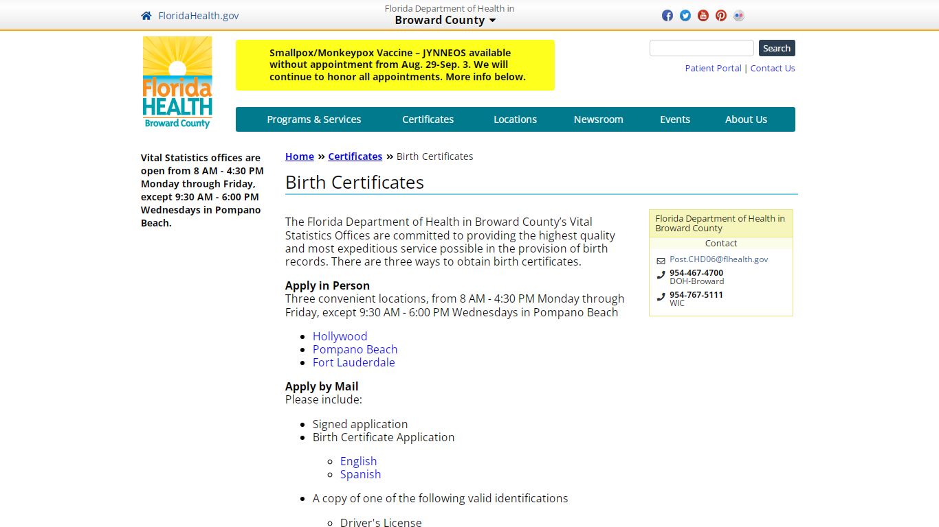 Birth Certificates | Florida Department of Health in Broward